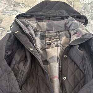 Barbour Black Quilted Hooded Jacket with Gray Tartan Lining